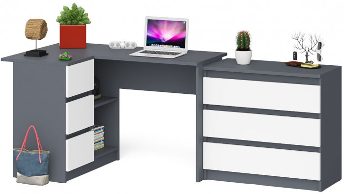 Мори компьютерный стол МС-16 левый + Комод МК800.1, графит/белый