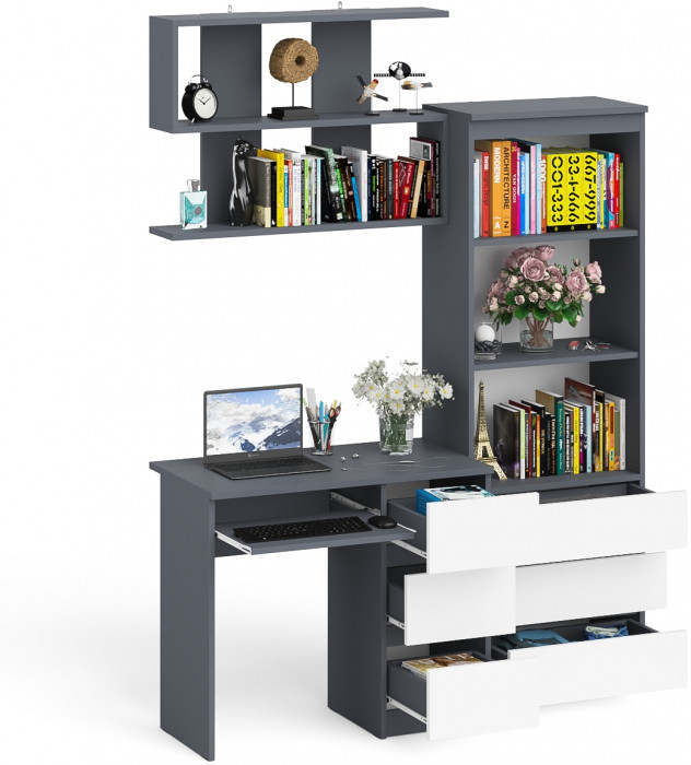 Мори компьютерный стол МС-6 правый + Стеллаж МСТ600.3 + Полка 900, графит/белый