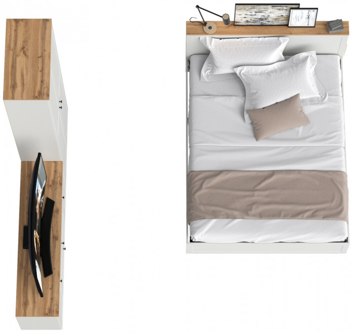 Остин 11.53 Кровать + ортопед + 16.307 Шкаф + 16.47 Тумба под ТВ, белый шагрень/дуб крафт золотой