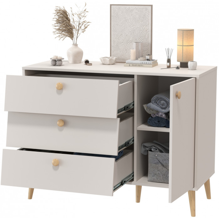 Афина Спальня 4-44901М1к.с. Комод с дверкой и тремя ящиками, цвет кашемир серый, ШхГхВ 110х45,3х83 см., универсальная сборка, цвет ножек: тик