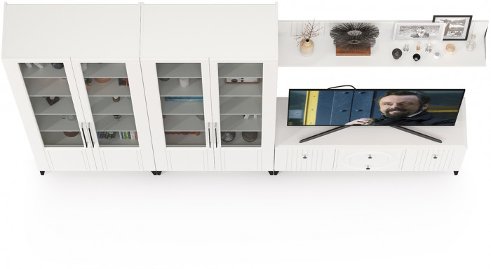 Валенсия Гостиная № 064, цвет ЛДСП белый шагрень/МДФ белый шагрень, ШхГхВ 301,3х38,3х225,2 см., ниша для ТВ 133х38х117 см.