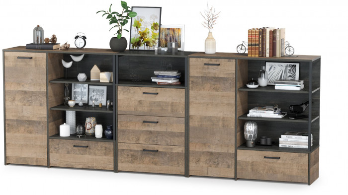 Трувор 13.307.01 Комод + 13.307.02 Комод с ящиками + 13.307.01 Комод, цвет дуб гранж песочный/интра, ШхГхВ 284х37х106,9 см., универсальная сборка