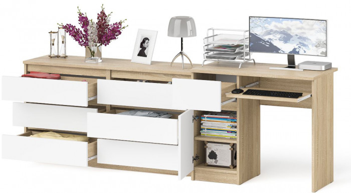 Мори Стол компьютерный МС-1 левый + Комод МК1380.6, цвет дуб сонома/белый, ШхГхВ 228х50х76,6 см., выдвижной ящик слева, НЕ универсальная сборка