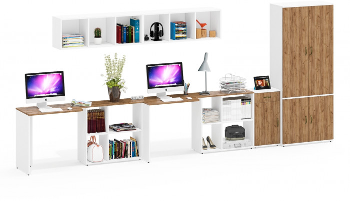 Лидер-8 Стол + Полка + Стол + Полка + Шкаф МД 20Б + Тумба МД 3.15, цвет белый шагрень/крафт золото, 450х50х75/190 или 230х200/50х75/190, НЕ ун. сб.