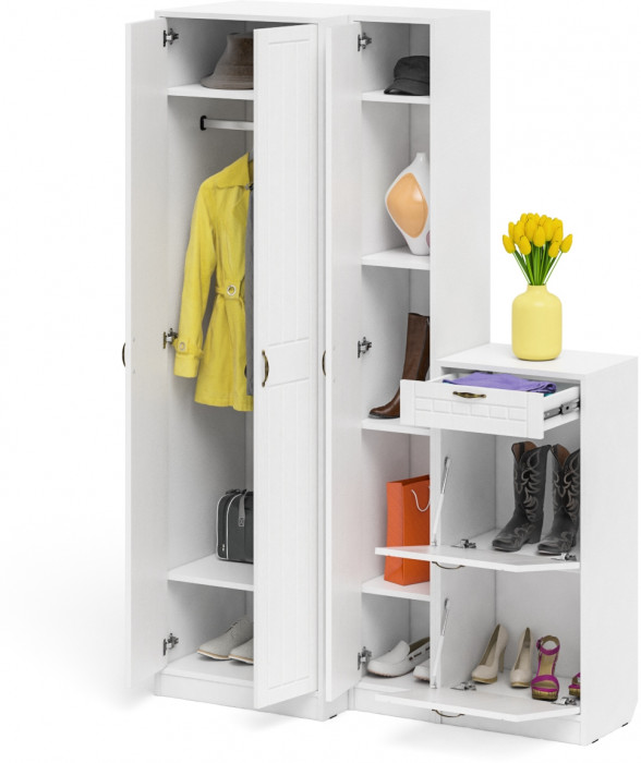 Прихожая П-6 Компоновка № 28, цвет белая шагрень/фасады МДФ белое дерево фрезеровка прованс, ШхГхВ 140х50х210 см., универсальная сборка