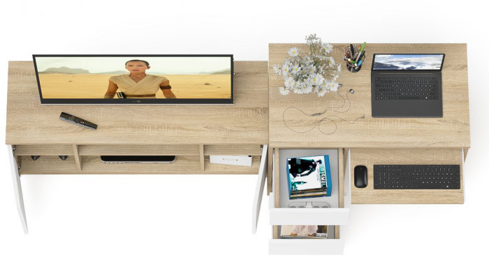 Мори Стол компьютерный МС-6 левый + Тумба МТВ1200.1, цвет дуб сонома/белый, ШхГхВ 210,4х50х76,6 см., выдвижные ящики слева, НЕ универсальная сборка