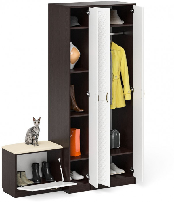 Прихожая П-6 Компоновка № 45, венге/фасады МДФ белое дерево фрезеровка ромб