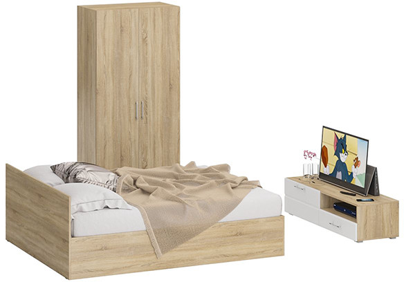 Спальня Стандарт 3-1600, дуб сонома/фасады ТВ тумбы МДФ белый глянец