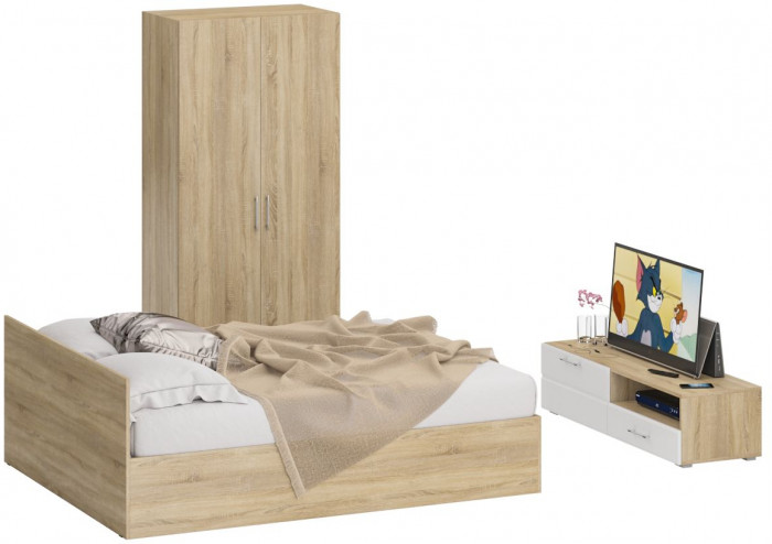 Спальня Стандарт 3-1600, дуб сонома/фасады ТВ тумбы МДФ белый глянец