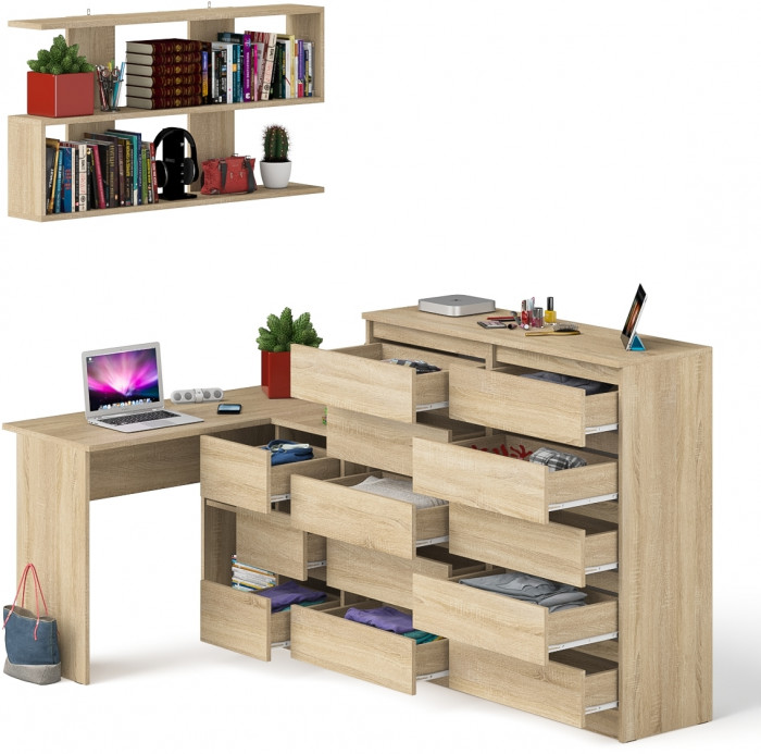 Мори компьютерный стол МС-16 правый + Комод МК1200.10 + Полка 1200, дуб сонома