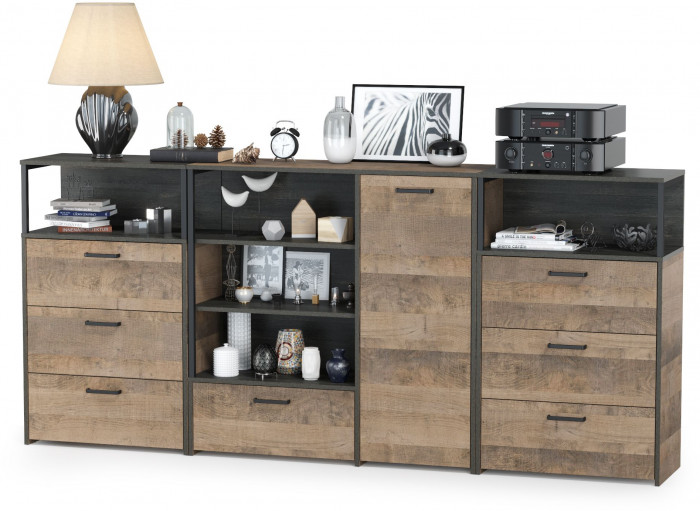 Трувор 13.307.01 Комод + 13.307.02 Комод с ящиками + 13.307.02 Комод с ящиками, цвет дуб гранж песочный/интра, ШхГхВ 241х37х106,9 см., ун. сб.