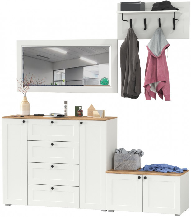 Остин Прихожая 50, цвет белый шагрень/дуб крафт золотой, ШхГхВ 200х54,3х210 см., универсальная сборка