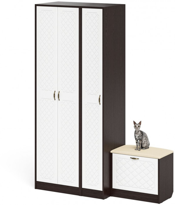 Прихожая П-6 Компоновка № 45, цвет венге/фасады МДФ белое дерево фрезеровка ромб, ШхГхВ 150х50х210 см., универсальная сборка