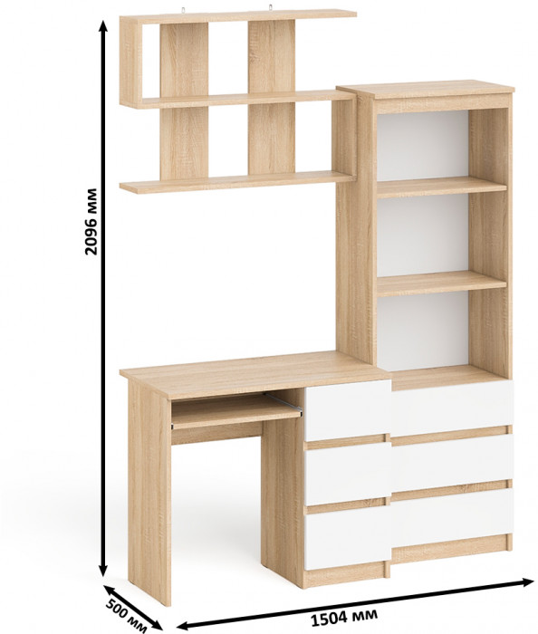 Мори компьютерный стол МС-6 правый + Стеллаж МСТ600.3 + Полка 900, дуб сонома/белый
