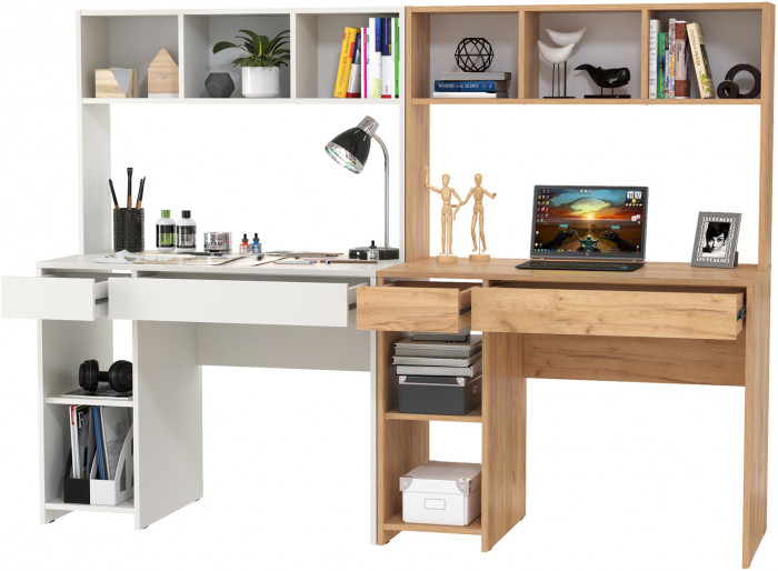 Стол компьютерный Комфорт 12.77F + Стол компьютерный Комфорт 12.77F, цвет белый шагрень/дуб крафт золотой, ШхГхВ 200х49,8х147 см., универс. сборка