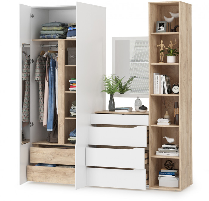 Муссон 13.198 Шкаф + 13.349 Стеллаж + 13.97 Комод + Зеркало СВК, цвет белый/дуб эндгрейн элегантный, ШхГхВ 204,6х52,3х229,8 см., НЕ универс. сб.