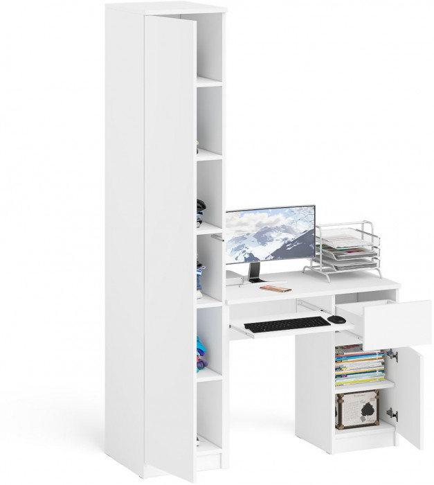 Мори компьютерный стол МС-1 правый + Пенал МШ400.1, белый