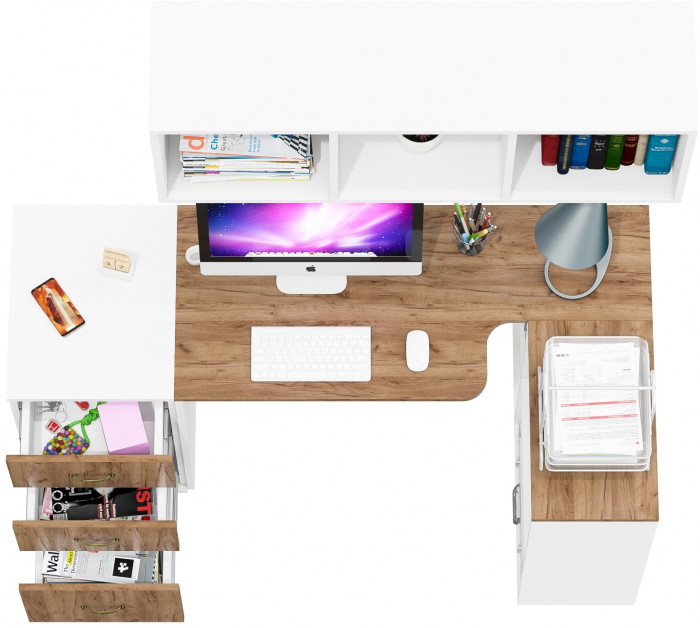 Лидер-8 Стол + Полка + Тумба МД 3.16, цвет белый шагрень/крафт золото, ШхГхВ 205х50/30х75/190 или 155х80/50х75/190 см., НЕ универсальная сборка