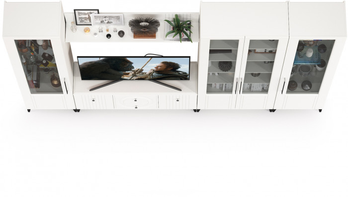 Валенсия Гостиная № 067, цвет ЛДСП белый шагрень/МДФ белый шагрень, ШхГхВ 327,2х38,3х225,2 см., ниша для ТВ 133х38х117 см., универсальная сборка