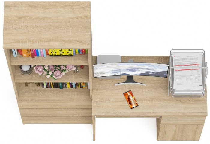 Мори компьютерный стол МС-1 правый + Стеллаж МСТ600.3, дуб сонома