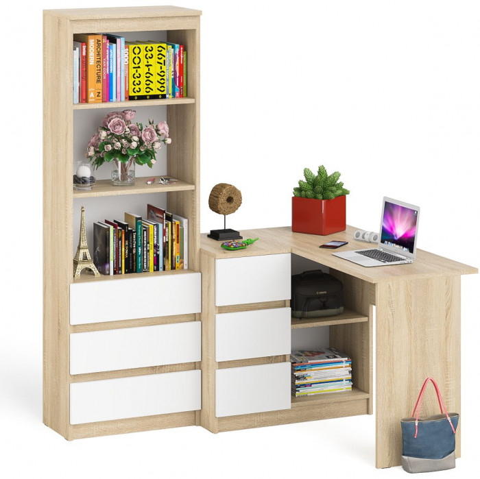 Мори компьютерный стол МС-16 левый + Стеллаж МСТ600.3, дуб сонома/белый
