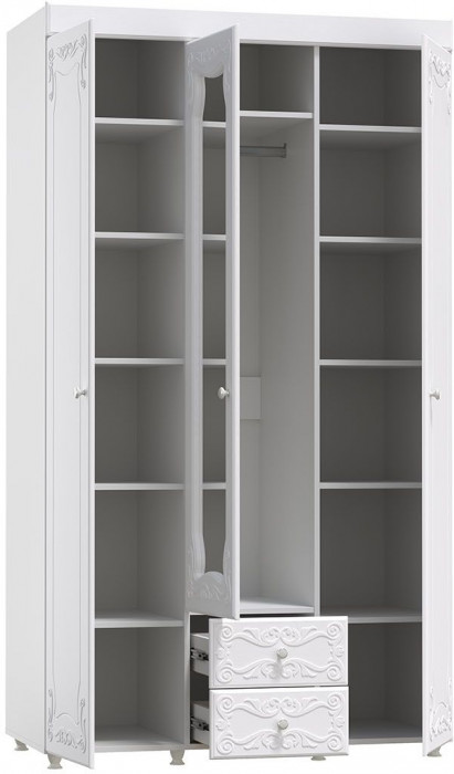 Шкаф 3-х дверный с ящиками и зеркалом Италия ИТ-57 белое дерево