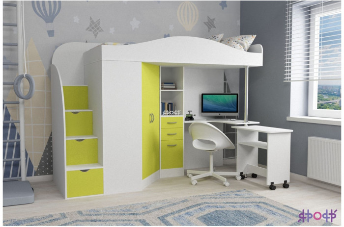 Кровать-чердак Юниор 4 (Ясень Анкор Темный/Лайм)