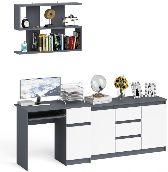 Мори компьютерный стол МС-1 правый + Комод МК1200.3 + Полка 900, графит/белый