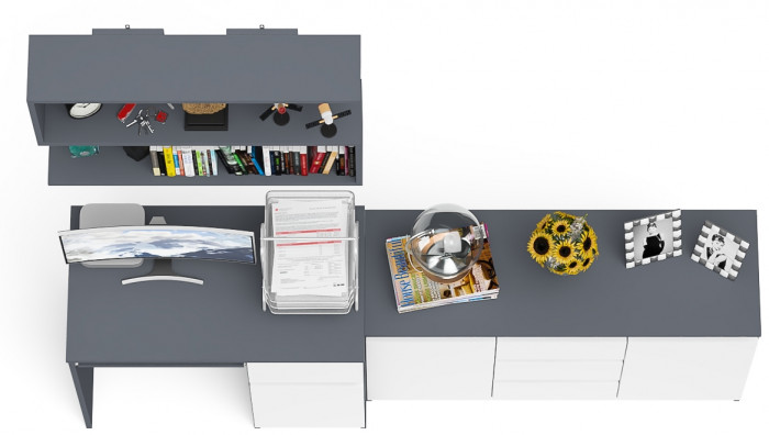 Мори компьютерный стол МС-1 правый + Комод МК1200.3 + Полка 900, графит/белый