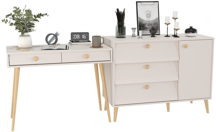 Афина Спальня Стол + Комод с дверкой и тремя ящиками, цвет кашемир серый, ШхГхВ 100х45х76 + 110х45,3х83 см., универсальная сборка