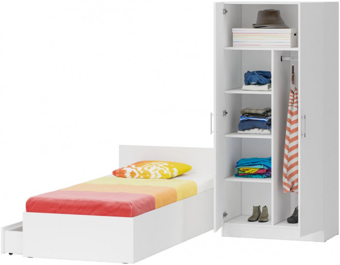 Кровать с ящиками 0900 + Шкаф 2-х створчатый Стандарт, цвет белый, ШхГхВ 93,5х203,5х70 + 90х52х200 см., сп.м. 900х2000 мм., б/м, основание есть