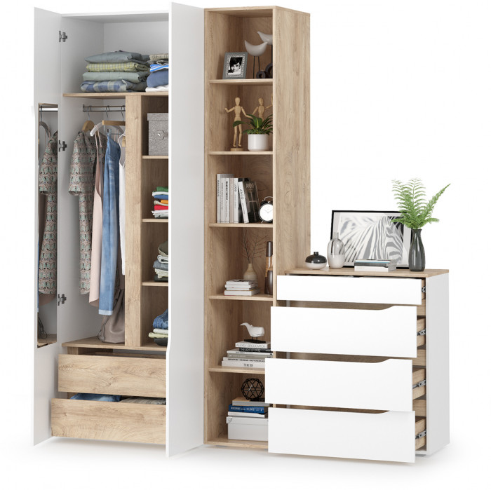 Муссон 13.198 Шкаф двухстворчатый + 13.349 Стеллаж + 13.97 Комод, цвет белый/дуб эндгрейн элегантный, ШхГхВ 204,6х52,3х229,8 см., НЕ универс. сборка