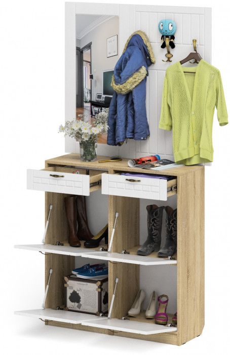 Прихожая П-6 Компоновка № 05, цвет дуб сонома/фасады МДФ белое дерево фрезеровка прованс, ШхГхВ 110х35х200 см.