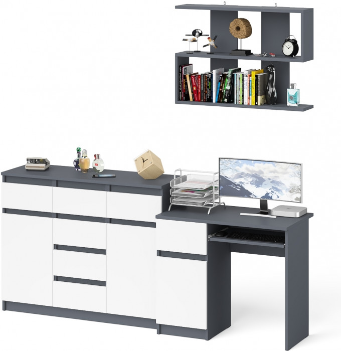 Мори компьютерный стол МС-1 левый + Комод МК1200.4 + Полка 900, графит/белый