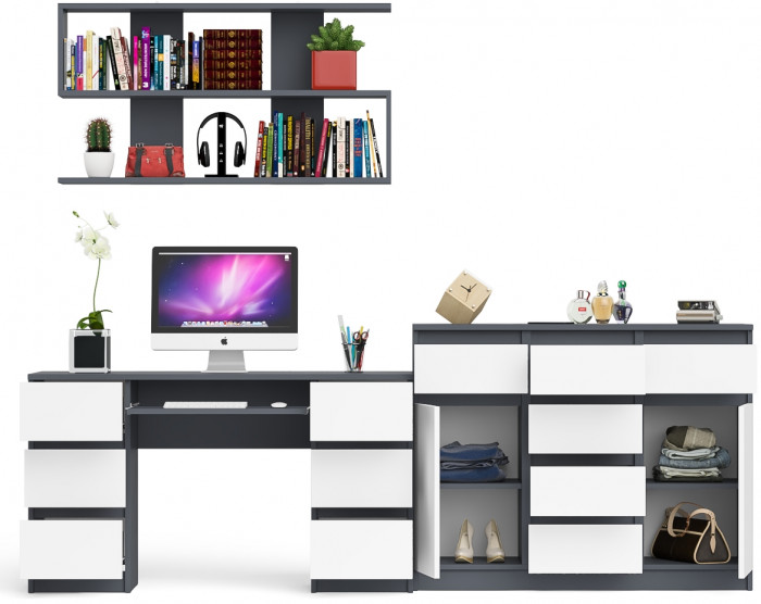 Мори компьютерный стол МС-2 + Комод МК1200.4 + Полка 1200, графит/белый