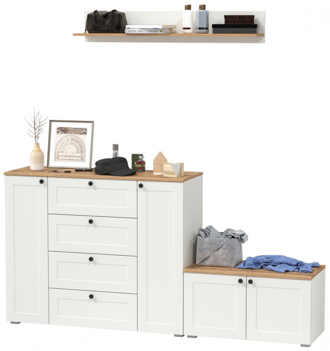 Остин Прихожая 67, цвет белый шагрень/дуб крафт золотой, ШхГхВ 200х41,9х160 см., универсальная сборка