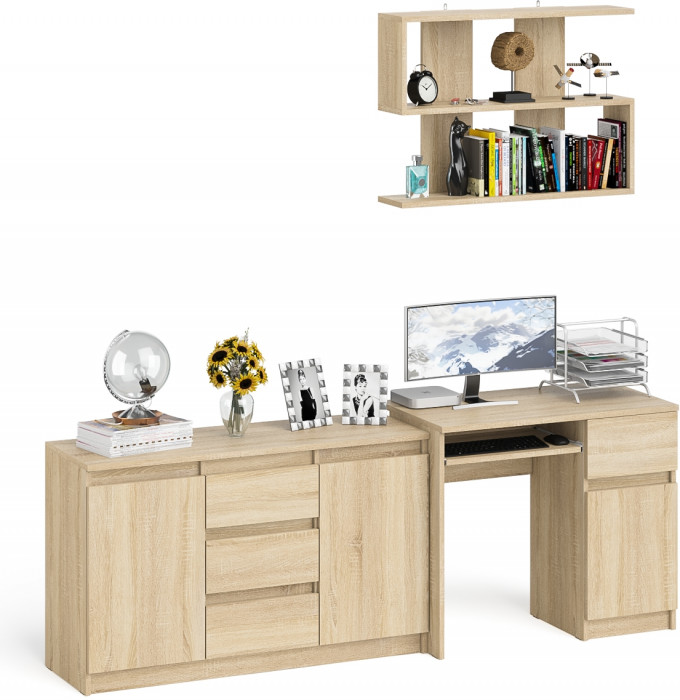 Мори компьютерный стол МС-1 правый + Комод МК1200.3 + Полка 900, дуб сонома