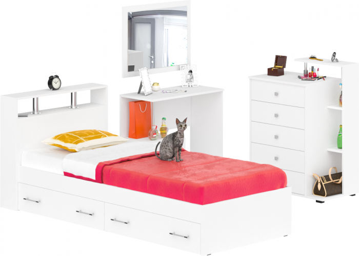 Камелия спальня № 14 Кровать с ящиками 900 + Стол косметический + Зеркало + Комод, белый
