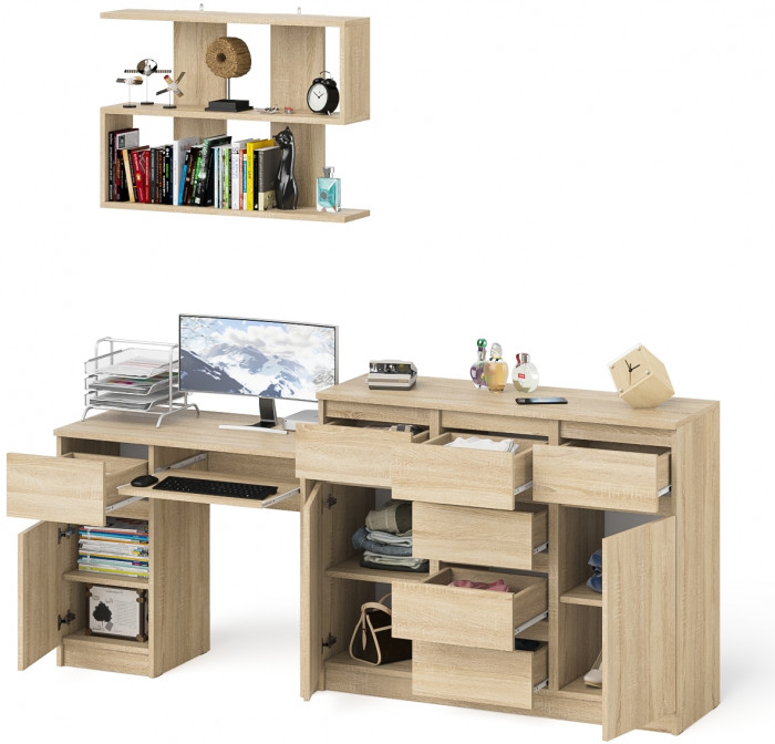 Мори компьютерный стол МС-1 левый + Комод МК1200.4 + Полка 900, дуб сонома