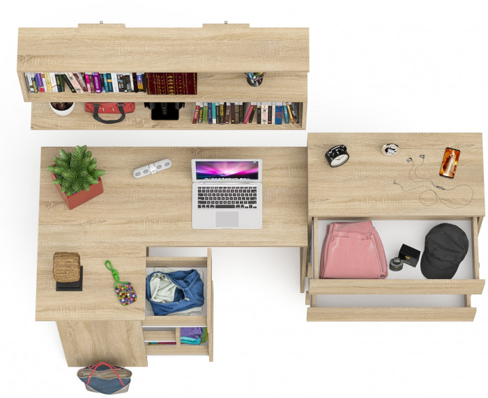 Мори компьютерный стол МС-16 левый + Комод МК800.4 + Полка 1200, дуб сонома