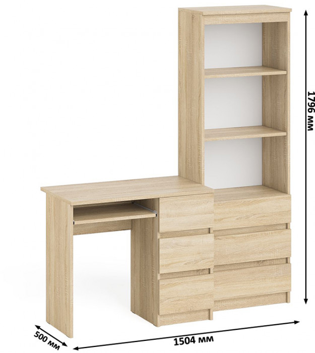 Мори компьютерный стол МС-6 правый + Стеллаж МСТ600.3, дуб сонома