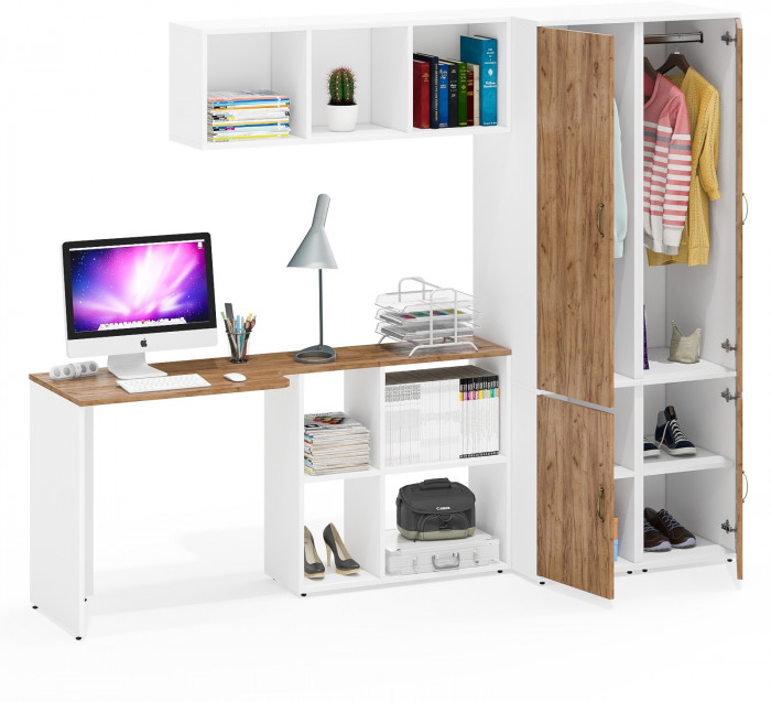 Лидер-8 Стол + Полка + Пенал МД 23Б + Пенал МД 23Б, цвет белый шагрень/крафт золото, ШхГхВ 245х50х75/190 или 115х160/50х75/190 см., НЕ ун. сборка