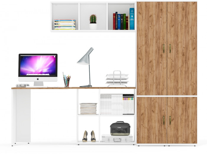 Лидер-8 Стол + Полка + Пенал МД 23Б + Пенал МД 23Б, цвет белый шагрень/крафт золото, ШхГхВ 245х50х75/190 или 115х160/50х75/190 см., НЕ ун. сборка