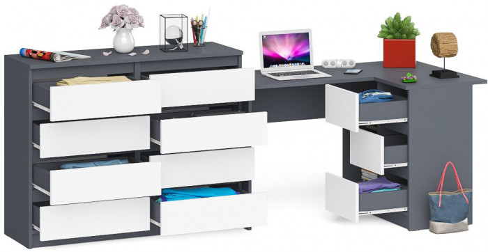 Мори Стол компьютерный МС-16 правый + Комод МК1200.8, цвет графит/белый, ШхГхВ 244,8х84,9х94 см., выдвижные ящики справа, НЕ универсальная сборка