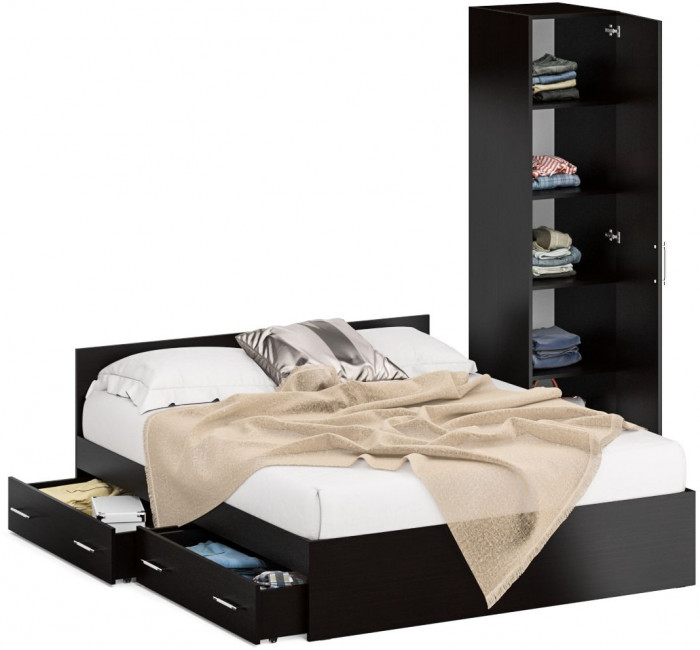 Кровать с ящиками 1600 + Пенал Стандарт, цвет венге, ШхГхВ 163,5х203,5х70 + 45х52х200 см., сп.м. 1600х2000 мм., без матраса, основание есть