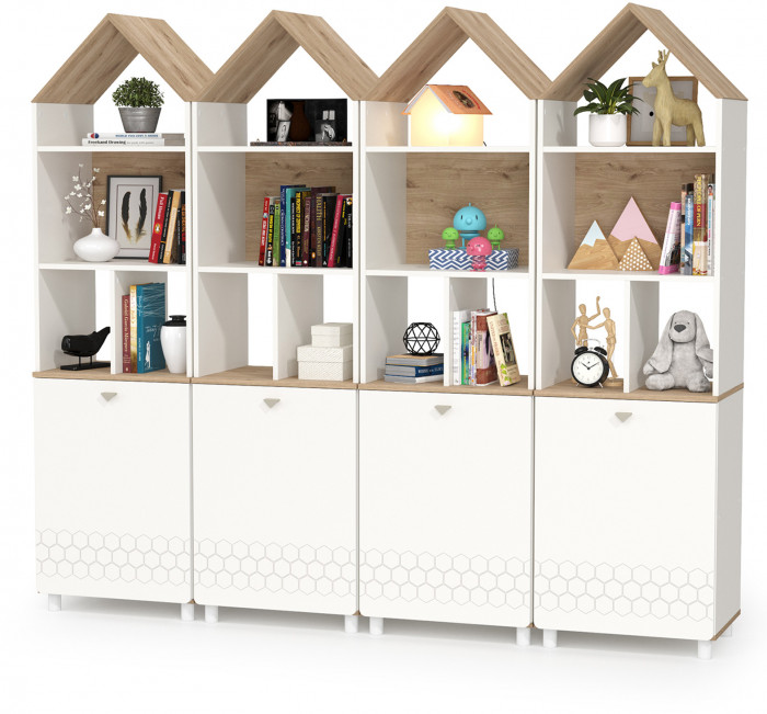 Эйп 13.14 Стеллаж + 13.14 Стеллаж + 13.14 Стеллаж + 13.14 Стеллаж, цвет белый/дуб белый, ШхГхВ 212х41,5х183,8 см., универсальная сборка