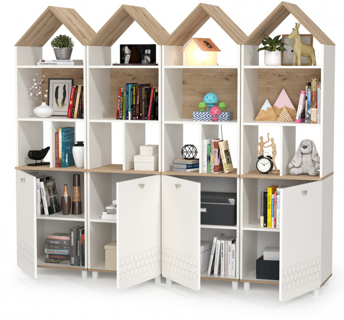 Эйп 13.14 Стеллаж + 13.14 Стеллаж + 13.14 Стеллаж + 13.14 Стеллаж, цвет белый/дуб белый, ШхГхВ 212х41,5х183,8 см., универсальная сборка