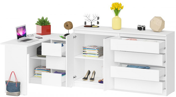Мори Стол компьютерный МС-16 правый + Комод МК1600.1, цвет белый, ШхГхВ 284,8х84,9х94 см., выдвижные ящики справа, НЕ универсальная сборка