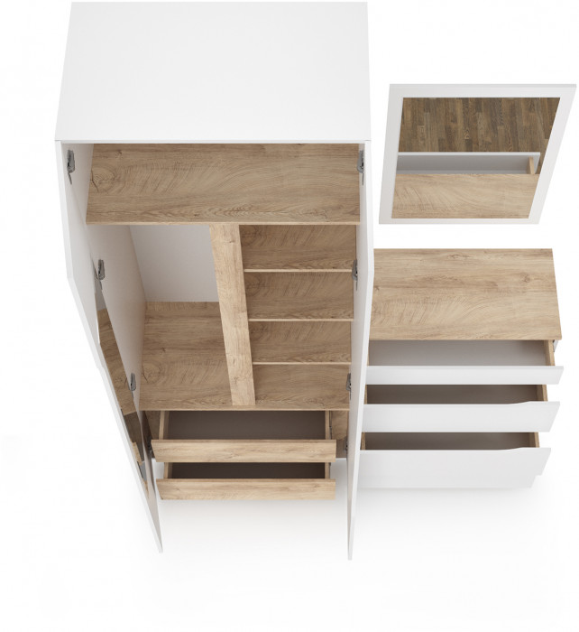 Муссон 13.198 Шкаф двухстворчатый + 13.97 Комод + Зеркало СВК, цвет белый/дуб эндгрейн элегантный, ШхГхВ 164,6х52,3х229,8 см., НЕ универсальная сборка