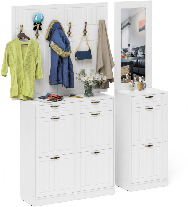 Прихожая П-6 Компоновка № 06, цвет белая шагрень/фасады МДФ белое дерево фрезеровка прованс, ШхГхВ 170х35х200 см., универсальная сборка